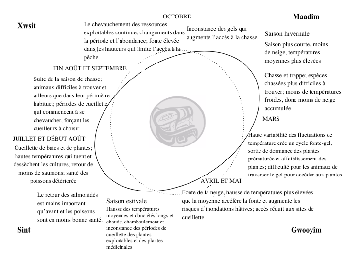 Figure 4 : Perturbations du cycle saisonnier des Gitxsans selon des données empiriques (Wale, 2022). Lune des Gitxsans par Brett Huson
