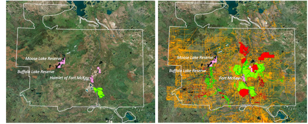 Figure 1 –An eagle-eye view (left) of the oil sands industrial footprint within the Fort McKay Traditional Territory (white line) in 1967, the year oil sands activities commenced, and (right) present day.