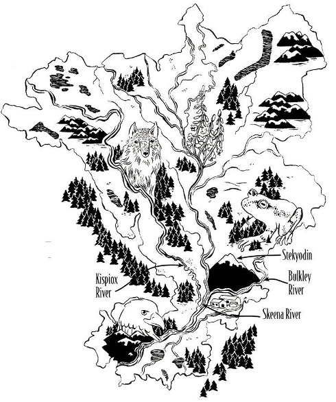 Figure 1 : Carte illustrée du territoire. Comportant plusieurs points d’intérêt, elle présente les quatre clans gitxsans. Carte de Brett Huson, illustrée par Natasha Donovan (https://www.bretthuson.ca/gitxsan).