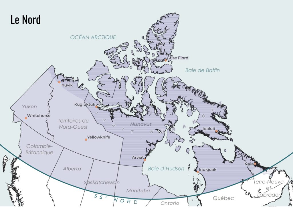 Carte de la zone du Nord étudiée dans notre rapport, avec les villes principales mises en avant : Inuvik, Whitehorse, Yellowknife, Arviat, Grise Fiord, Iqaluit, Inukjuak, Nain
