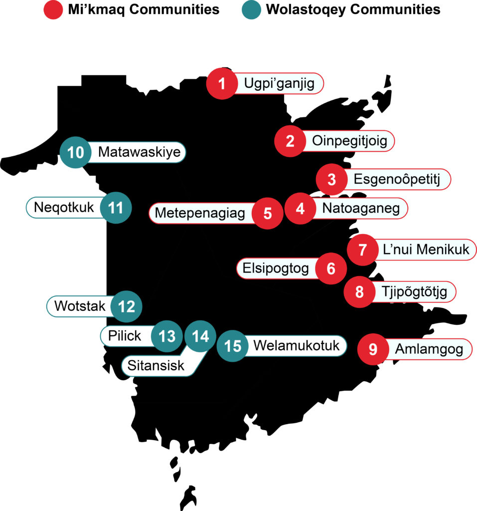 Cette carte montre l'emplacement des communautés des Premières Nations au Nouveau-Brunswick.