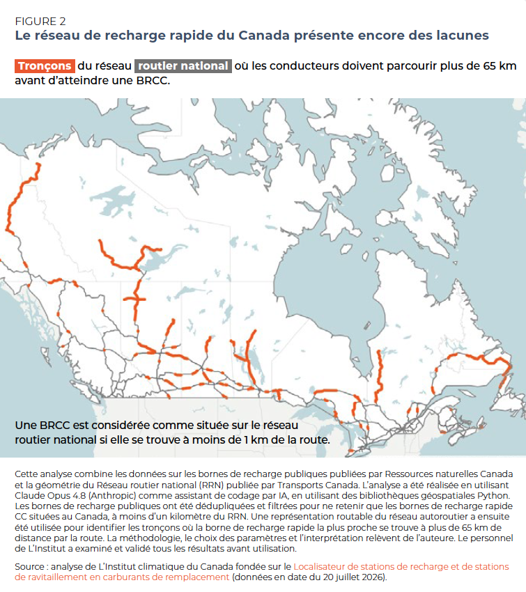 Cette carte montre le réseau de recharge rapide du Canada, qui présente encore des lacunes. Plus précisément, il montre les tronçons du réseau routier national où les conducteurs doivent parcourir plus de 65 km avant d'atteindre une BRCC.

Une BRCC est considérée comme située sur le réseau routier national si elle se trouve à moins de 1 km de la route.